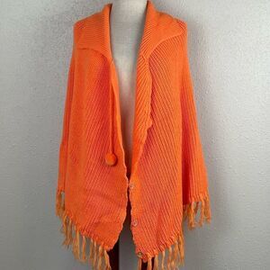 EUC Alka Womens Bright Orange Shawl with Pom Pom Ties and Button Down Size M/L